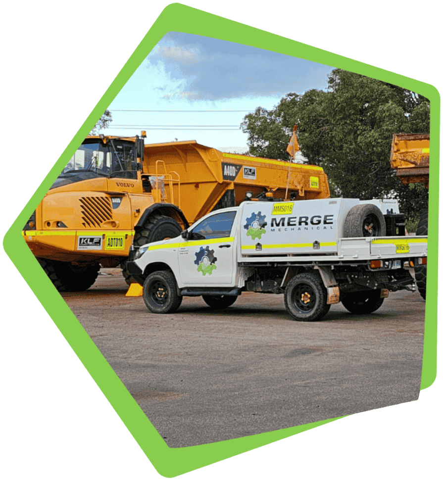 Merge Mechanical service vehicle onsite for heavy equipment maintenance near articulated dump truck