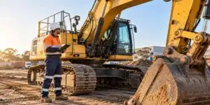 Operator performing pre-start inspection of an excavator at an industrial worksite in Western Australia