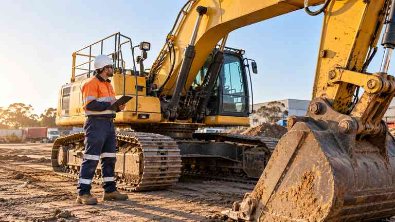 Operator performing pre-start inspection of an excavator at an industrial worksite in Western Australia